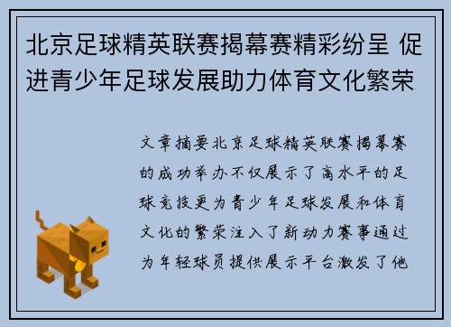北京足球精英联赛揭幕赛精彩纷呈 促进青少年足球发展助力体育文化繁荣