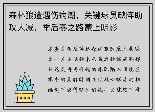 森林狼遭遇伤病潮，关键球员缺阵助攻大减，季后赛之路蒙上阴影