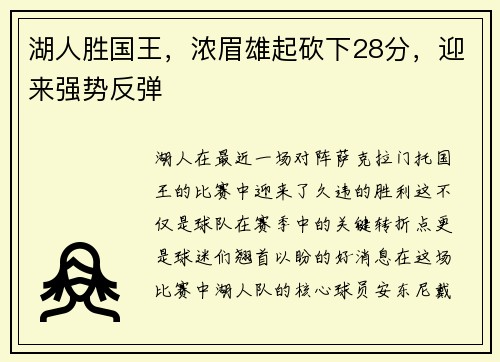湖人胜国王，浓眉雄起砍下28分，迎来强势反弹